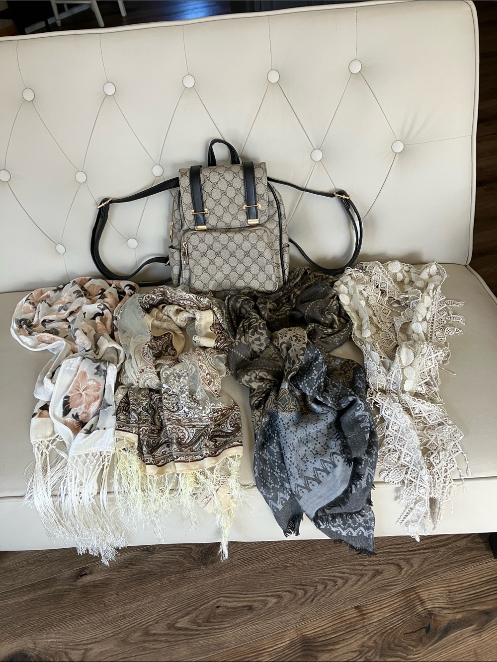 Gucci Beige Monogram Mini Backpack with Black Straps
